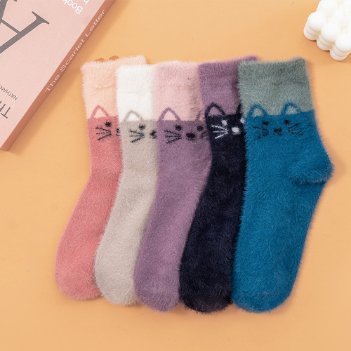 Amazon Cross-Border Foreign Trade Socks Women's Mid-calf Socks Imitation Mink Velvet Cat Thick Warm Rabbit Wool Socks AliExpress