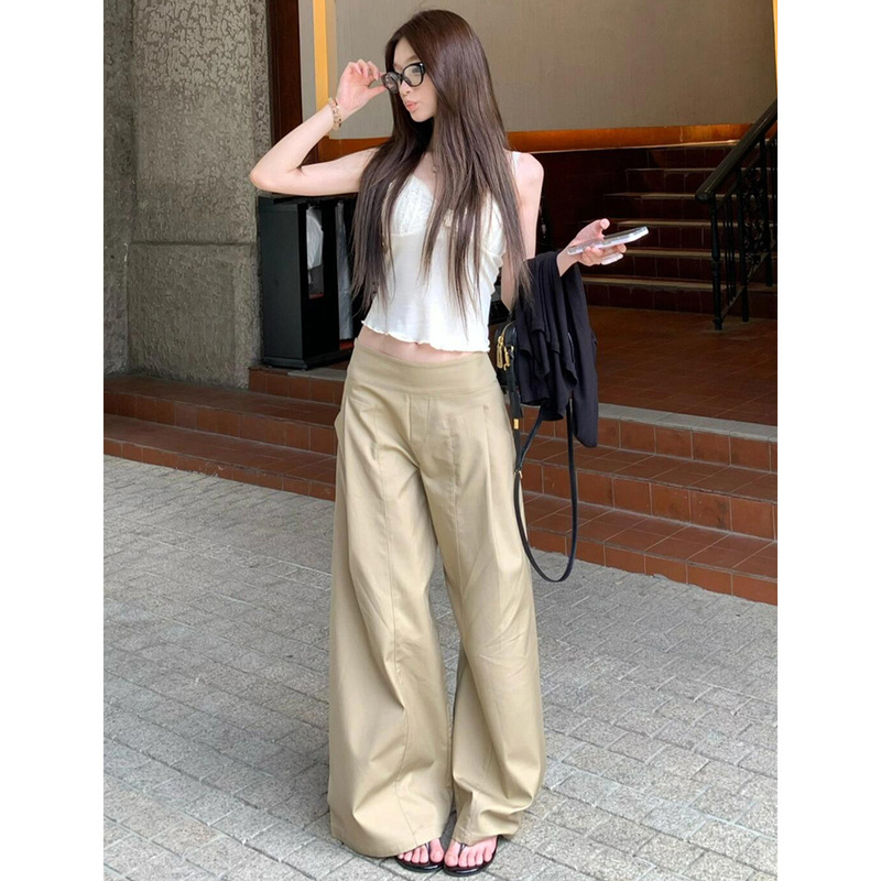 Khaki Korean Style Casual Pants for Women Spring & Fall 2025 New High-Waist Slim Lazy Loose Wide-Leg High-End Suit Pants