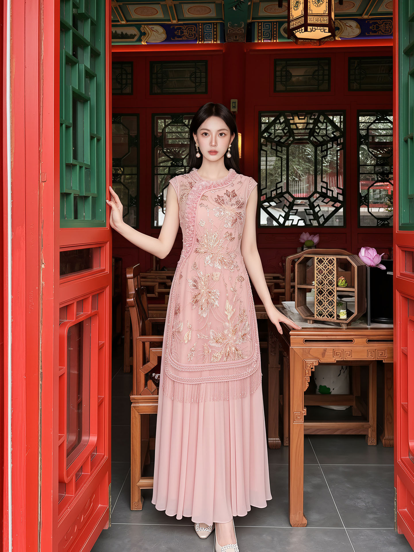 Đầm maxi nữ thắt eo thiết kế hoa nổi thêu ren cao cấp — màu hồng