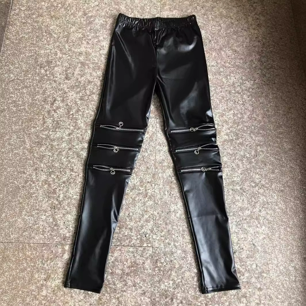 Section high -bouncing knee three zipper imitation leather nine -pointed leggings Women's pencil pants factories for self -selling