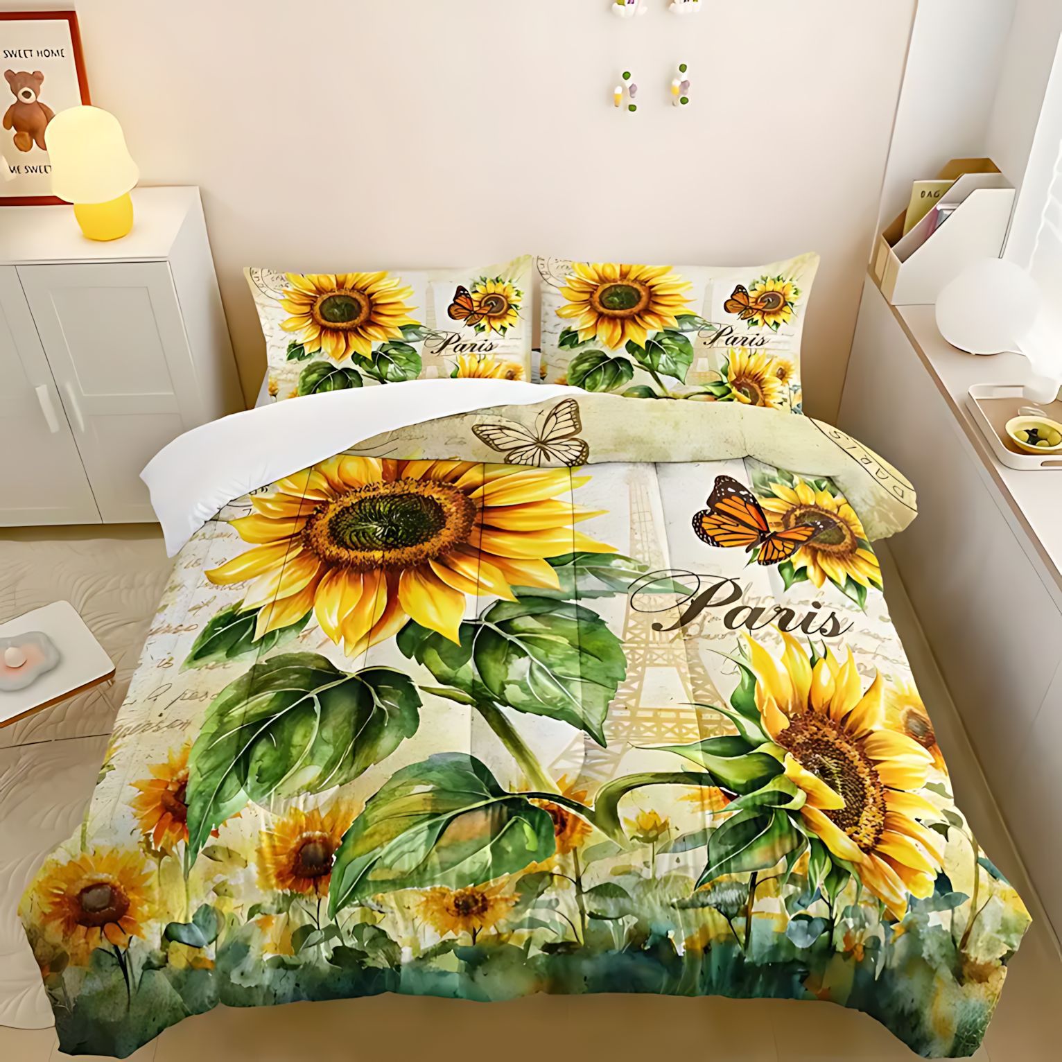 TEMU / JIT transfronterizo direccional girasol tema de impresión digital HD 180gms colcha colchón conjunto de almohada