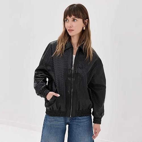 European and American Style Cross-Border Export Women's Clothing 2025 Fashionable Retro Artificial Woven Leather Bomber Jacket