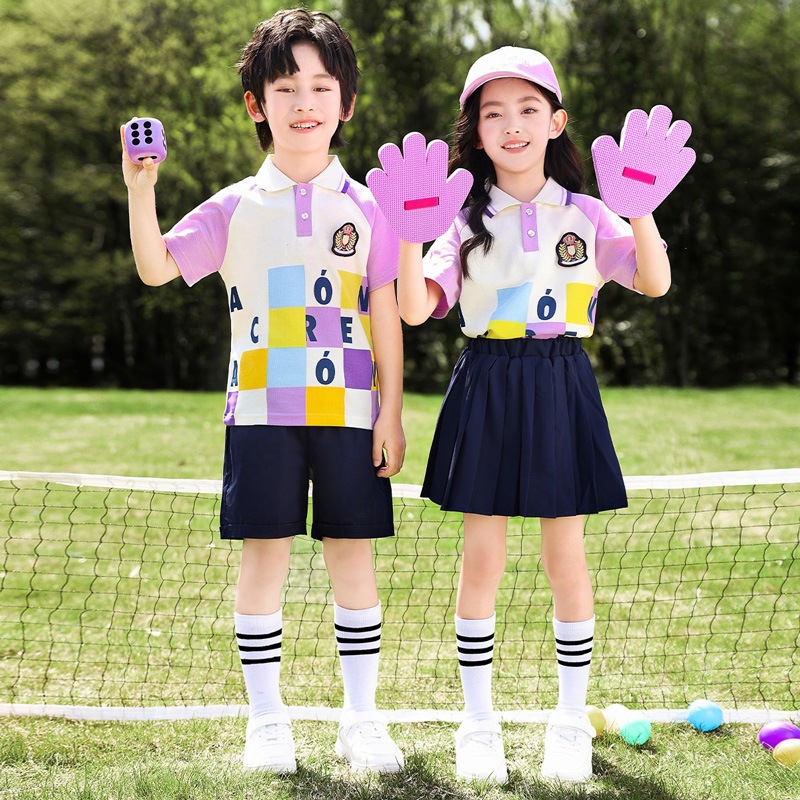 紫色棒球服春秋装小学生校服班服幼儿园园服短袖三件套61表演服