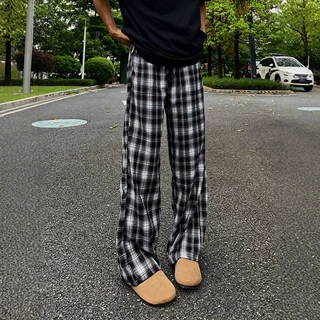 垂坠感高级感弯刀裤子男美式复古慵懒风格子裤cleanfit直筒微喇裤
