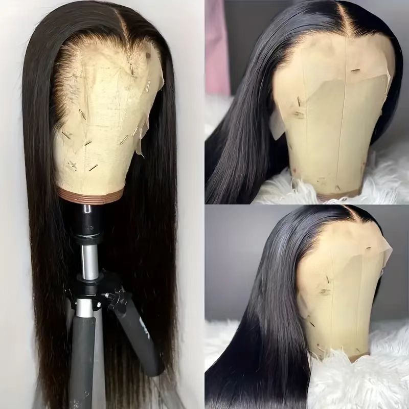 Lange schwarze glatte Lace-Perücke für Damen, vollständige Kopfbedeckung, synthetische Haarverlängerung_voghion.com