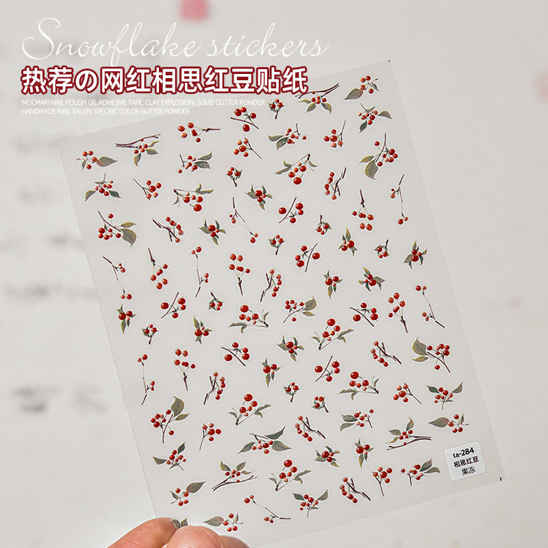 Nuevo estilo nacional acacia frijoles rojos pegatinas de uñas nueva acuarela en relieve pegatinas de uñas en relieve nacionales al por mayor