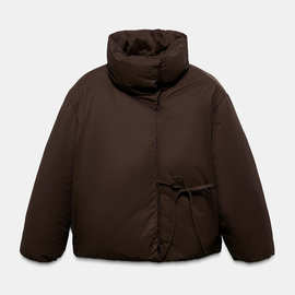 外贸欧美女装2025秋冬新款韩版面包服立领暗扣绑带短款棉服外套女