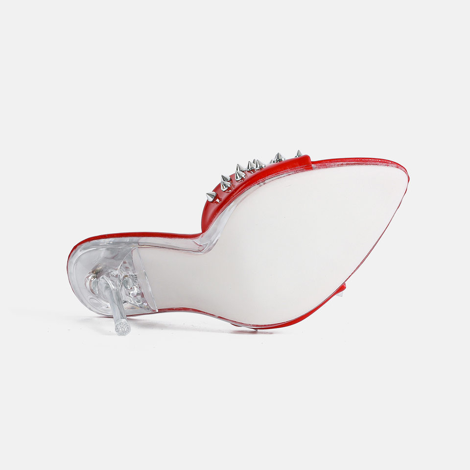 Dép sandal nữ quai ngang gót nhọn 12 cm đính đá pha lê và đinh tán, hở mũi, cỡ lớn — Màu be, Màu bạc, Màu trắng, Màu tím chi tiết 4