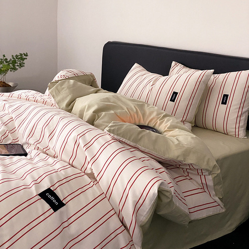 纯棉床上四件套100全棉条纹北欧床品现代简约被套床单三件套床笠4