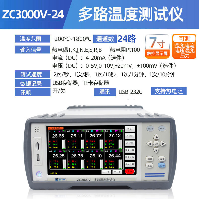 中策多路温度测试仪ZC3000V电压电流数据采集巡检记录仪32路64路