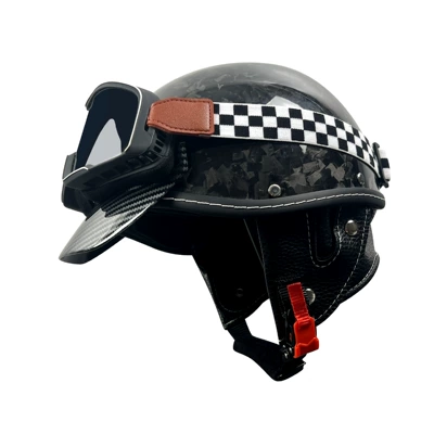 Motosiklet kaskı (dəbilqə) — Unisex Motorcycle Safety Helmet Breathable - black-carbon-fiber-helmet-forged-pattern-brown-goggles-m