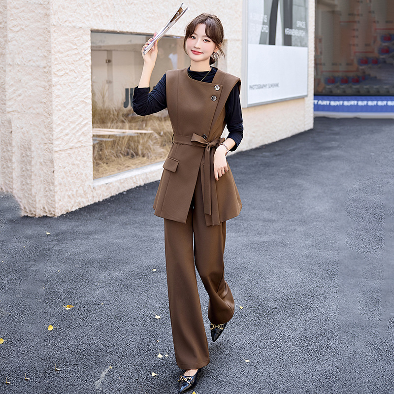 GraceChic Damen-Anzug, modisch und elegant, Herbst, neues figurformendes Blazer-T-Shirt, gerade Hose, dreiteiliges Westen-Set_voghion.com