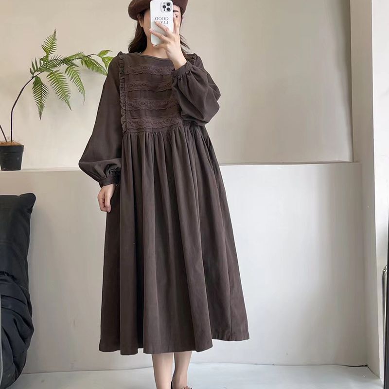 Plus-Size Women's Autumn and Winter 1.0-150kg Mori-Style Artistic Lace Trim Corduroy Dress with Lantern Sleeves Long Dress for Women