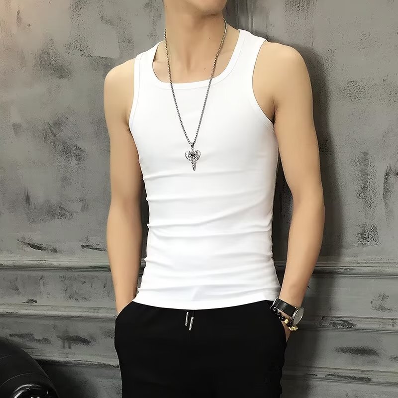 Korean style summer small waistcoat men's solid color sleeveless T-shirt men's basketball sports fitness hurdle tight fashion T