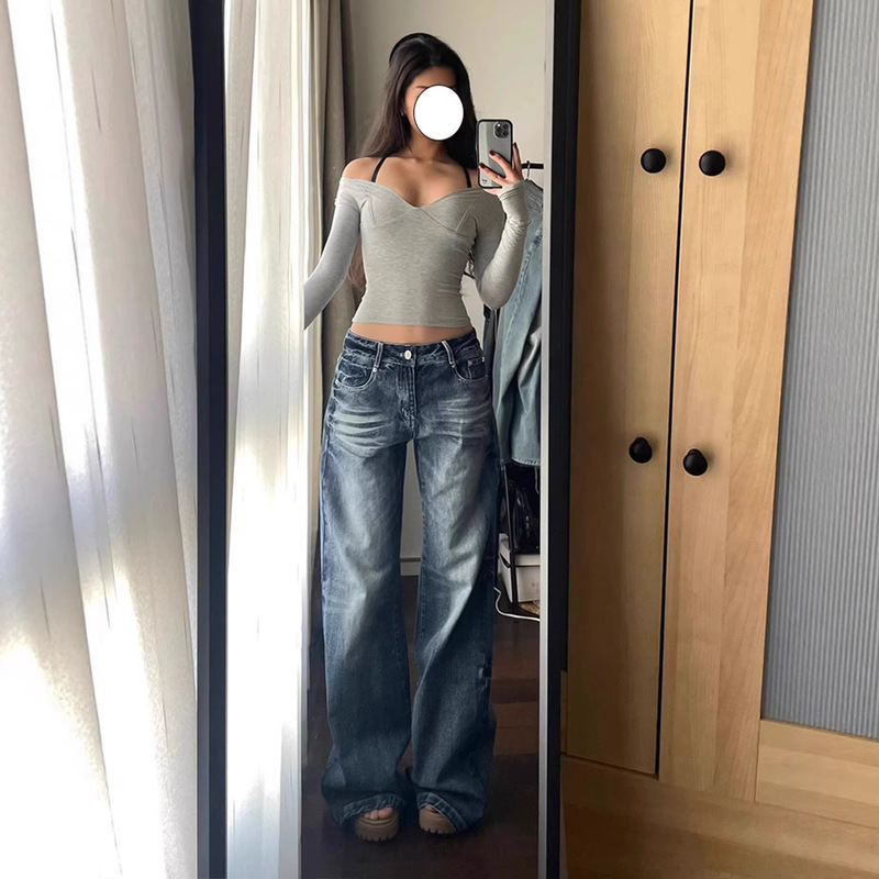 Large American-Style Washed Denim High-Street Straight-Leg Jeans for Women, Korean Version, High-Waisted, Loose-Fitting, Slimming Wide-Leg Floor-Length Pants Large American-Style Washed Denim High-Street Straight-Leg Jeans for Women, Korean Version, High-Waisted, Loose-Fitting, Slimming Wide-Leg Floor-Length Pants