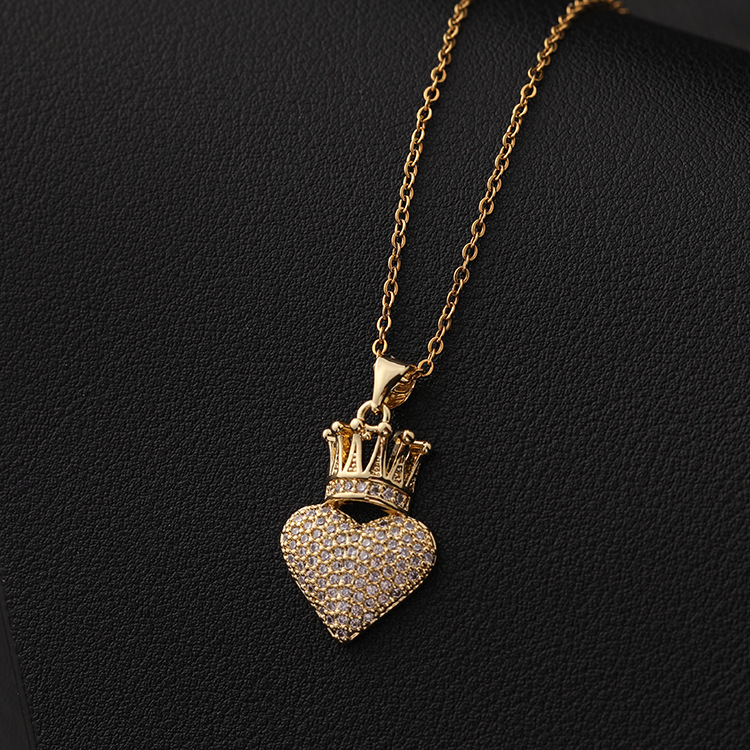 Fashion Heart Shape Crown Copper Plating Inlay Zircon Pendant Necklace 1 Piece