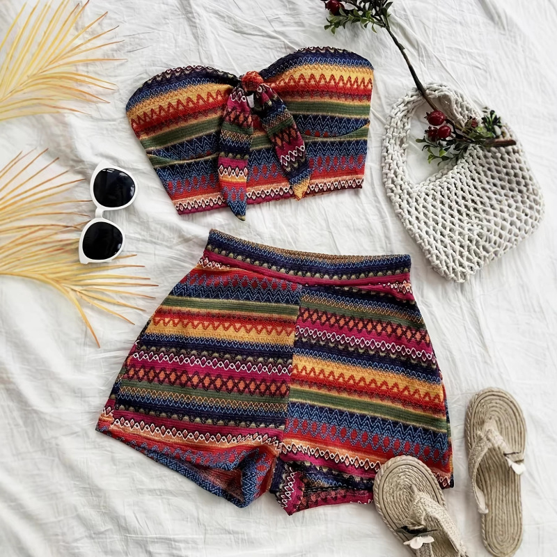 2 Piece Set Ladies Vacation Corset and High Waist Textured Shorts Set