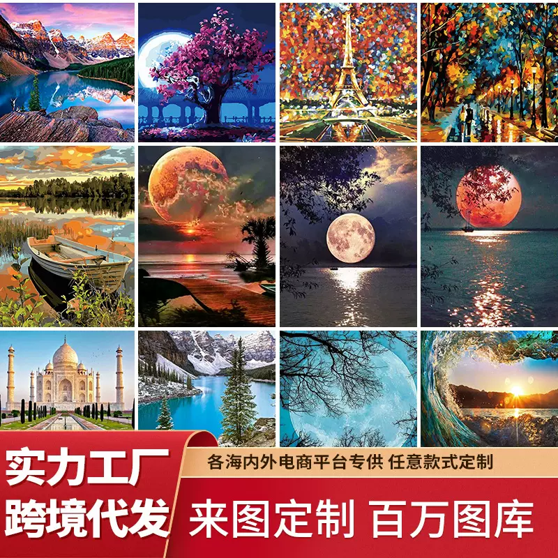 厂家批发油彩画跨境亚马逊diy手绘画外贸paint by number数字油画