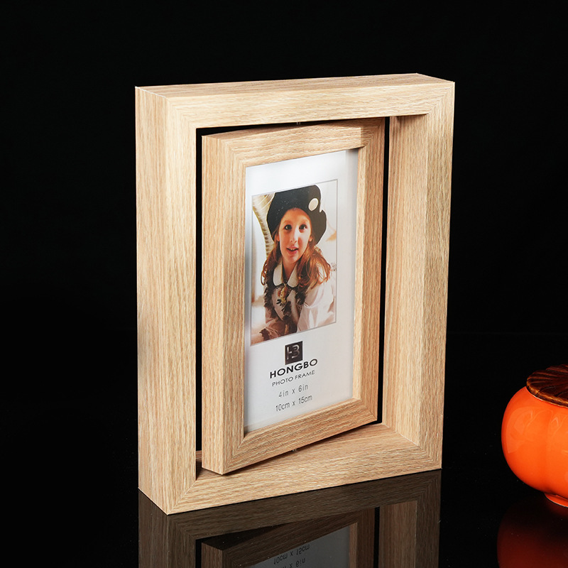 Cross-border creative 6 inch 7 inch desktop photo decoration office frame double-sided transparent wooden rotating table photo frame