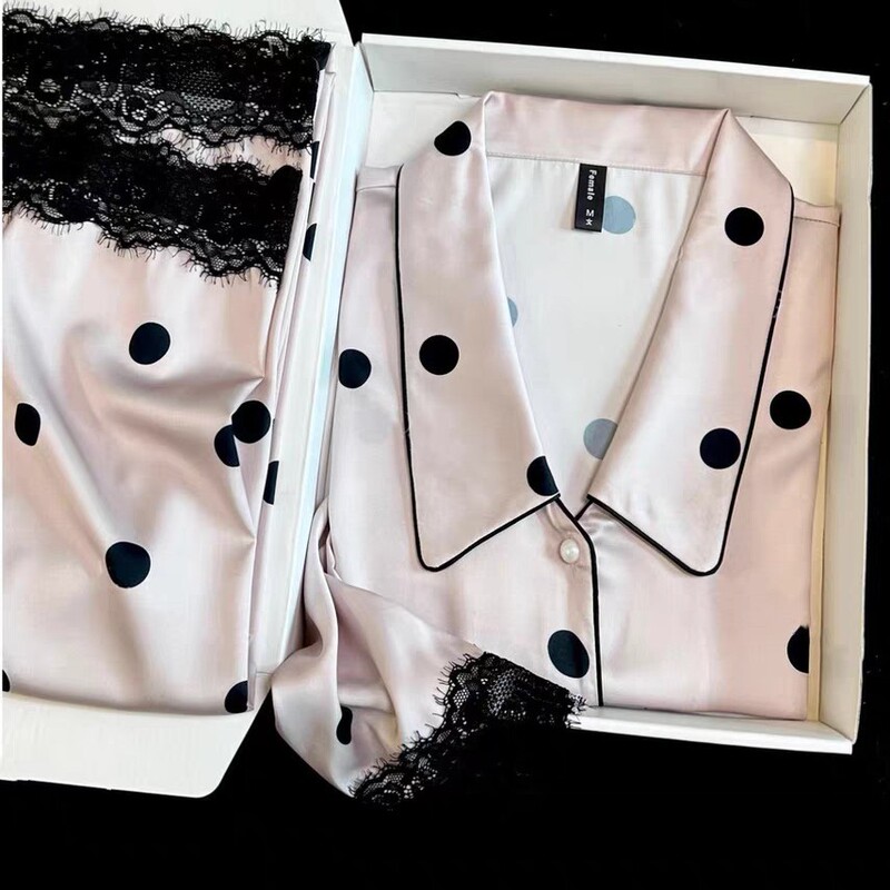 Women's Summer Pajamas Ice Silk Polka Dot Solid Color Set Ice Silk Satin Thin Short-Sleeve Loungewear Ice Silk Cool Sensation Women's Summer Pajamas Ice Silk Polka Dot Solid Color Set Ice Silk Satin Thin Short-Sleeve Loungewear Ice Silk Cool Sensation