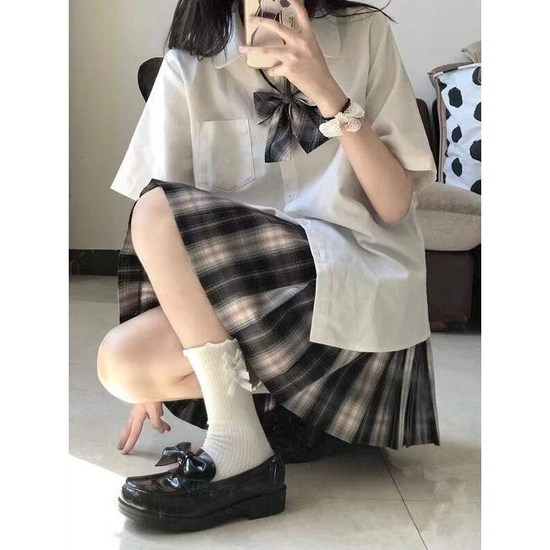 Jk Uniform Skirt Set White Shirt Women's Summer Japanese Style College Style Sweet Cute Short-sleeved Shirt Two-piece Set