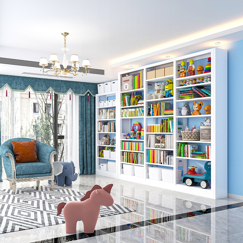 Estante de biblioteca de acero estante de libros para niños estante de almacenamiento estante de libros de hierro forjado estante de libros de sala de lectura