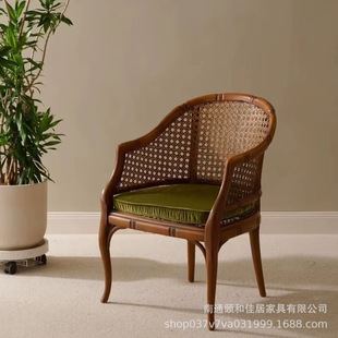 French Retro Style Solid Wood Single Rattan Sofa Chair Bamboo Design Living Room Balcony Backrest Rattan Leisure Chair