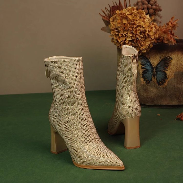 2024 Autumn and Winter New Korean Style Rhinestone Pointed High Heel Short Boots Thin Boots Fashionable Thick Heel Elastic Boots for Women