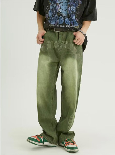 American Style Retro Old Washed Letter Loose Jeans High Street Stacked Casual Pants American Style Retro Old Washed Letter Loose Jeans High Street Stacked Casual Pants