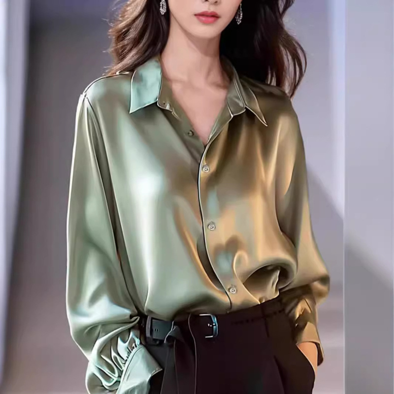 Heavyweight Silk Shirt for Women 2026 New Style Hong Kong Style Solid Color Drapey High-End Unique Green Acetate Satin Shirt