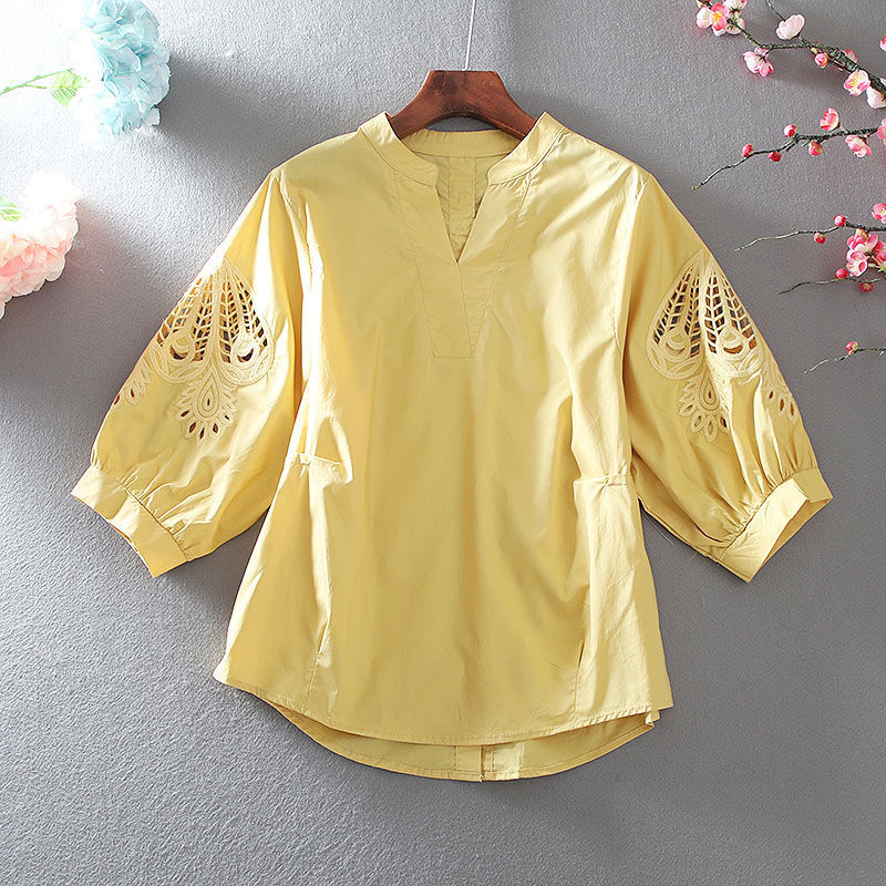 Áo sơ mi nữ cổ chữ V cotton tay lửng thiết kế khoét lỗ thanh lịch — Màu xanh lam nhạt