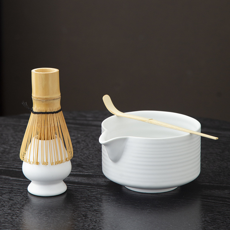 Juego de cuatro piezas de ceremonia del té de matcha, jaula de té de Baiben, tazón de té de pie, juego completo de combinación japonesa, té de punto, accesorios de jaula de té