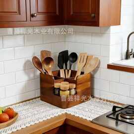 木质桌面收纳盒厨房墙角餐具多格整理盒实木调料瓶储物盒