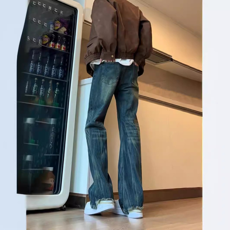 Korean Style Washed Ripped Jeans Men's Autumn Straight Spicy Pants High Street Tall Zipper Access Control Slimming Hair