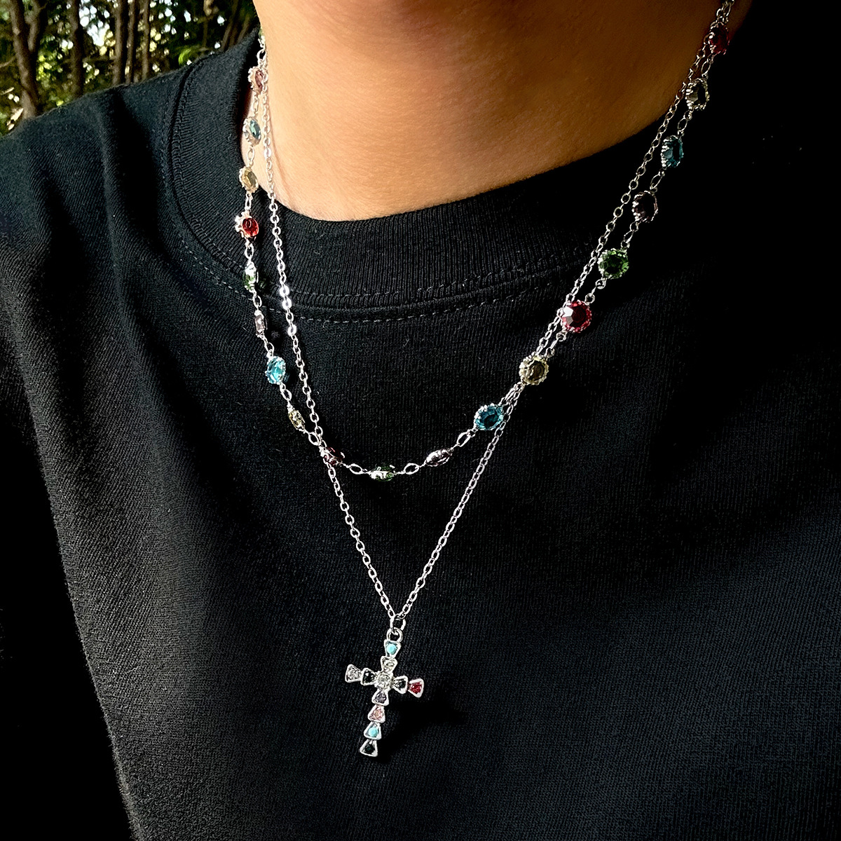 Crystal Cross Necklace For Men Layered Chain Hip-hop Accessory_voghion.com