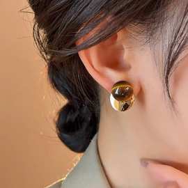 秋冬复古美拉德虎眼石圆形耳环女2025新款气质耳钉设计感小众