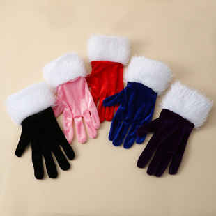 Christmas Party Etiquette Performance Gloves Cross-Border Short Gold Velvet and White Fur Gloves