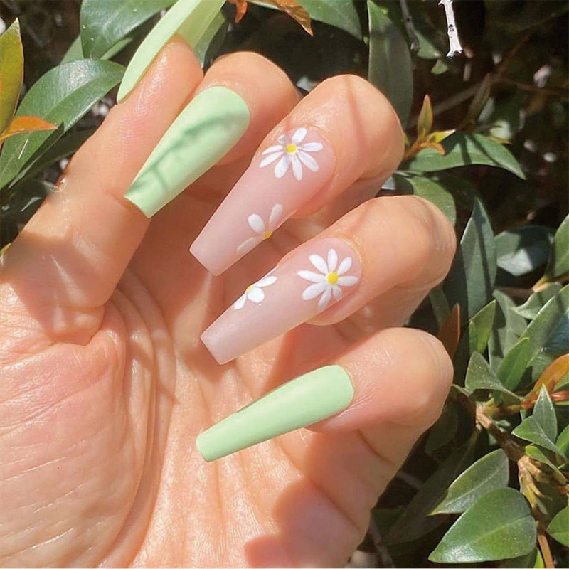 Wearable Long Green Frosted Manicure Fresh Flowers Solid Color Nail Patches Finished Removable Nail Patches Wholesale