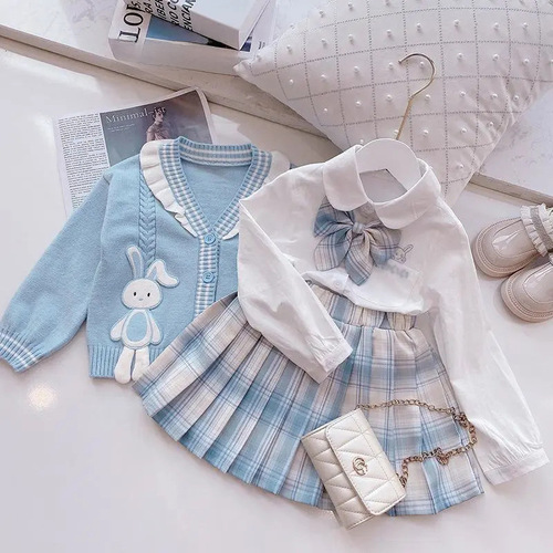 Girls' JK Set Dress  Autumn New School Style Pleated Skirt Cardigan Knit Children's Stylish Dress