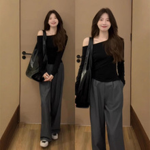 斜肩修身上衣内搭打底衫女辣妹2025新款女装chic韩系紧身显瘦长袖
