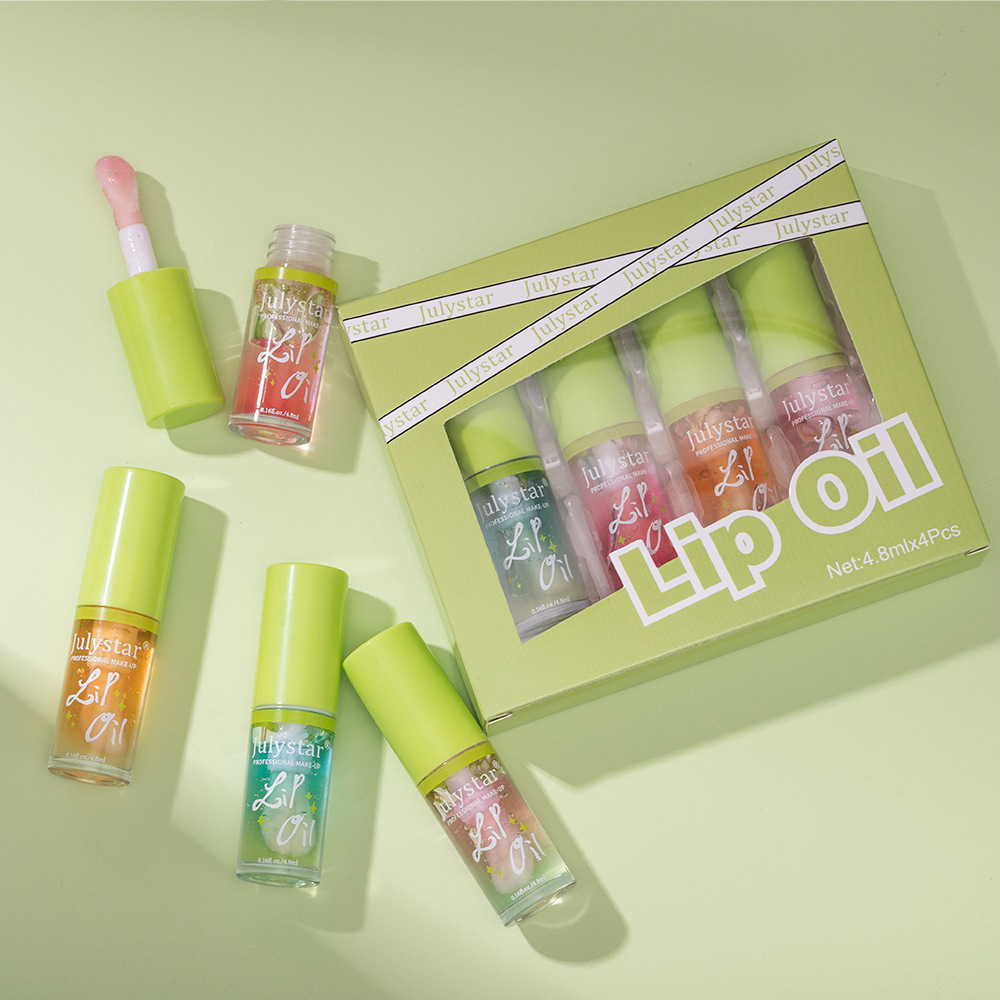 Julystar Hydrating Head Brush Lip Gloss Mirror Moisturizing Hami Melon Lip Oil 4-bottle Set Wholesale Makeup undefined