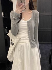 简约休闲百搭灰色修身显瘦针织薄款开衫秋季长袖女早春慵懒感外搭