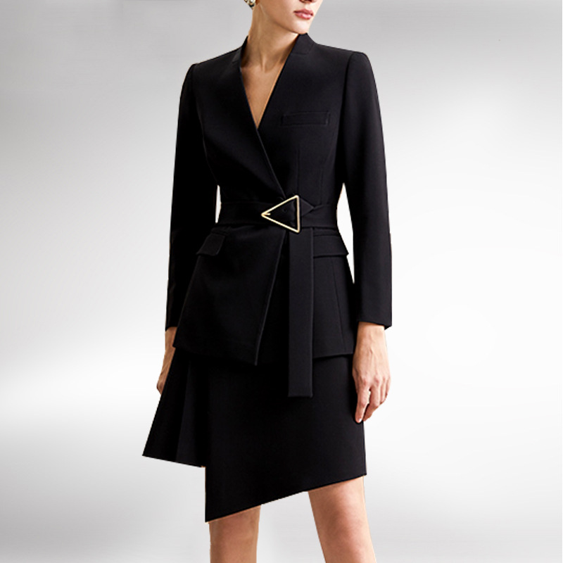 Fashion Solid Color Suit Jacket Irregular High Waisted Skirt Collarless Suit Lace-Up Waist Professional Suit