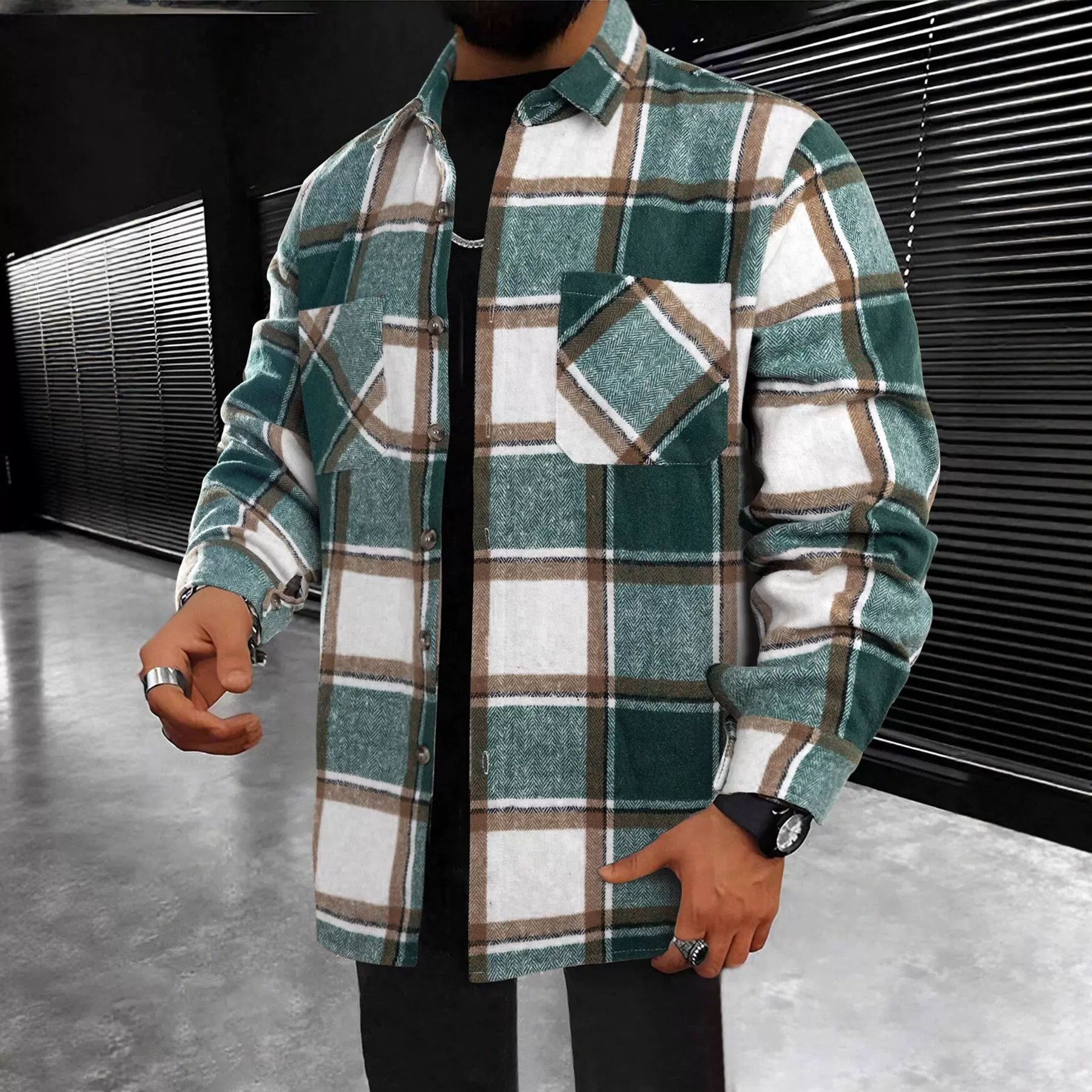跨境欧美亚马逊彩格衬衫长袖男士春秋季宽松休闲厚衬衣外套G6027