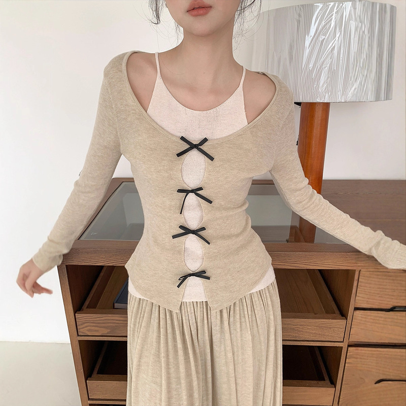 Zeng Xiaoxian Korean Style Fake Two-Piece Long-Sleeved Knitwear for Women Early Autumn Sweet Slim Fit Cut Out Bow Knitwear Top