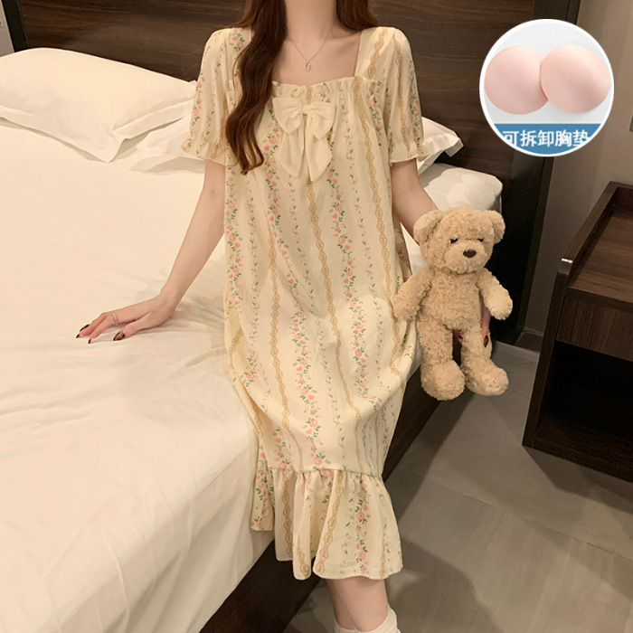 2025 verano nuevo hogar ropa de mangas cortas pijama de niñas cuello cuadrado de encaje dulce nube de algodón cojín de pecho pijama