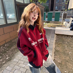 2025新款美式学院风撞色三条杠立领卫衣外套女宽松开衫夹克
