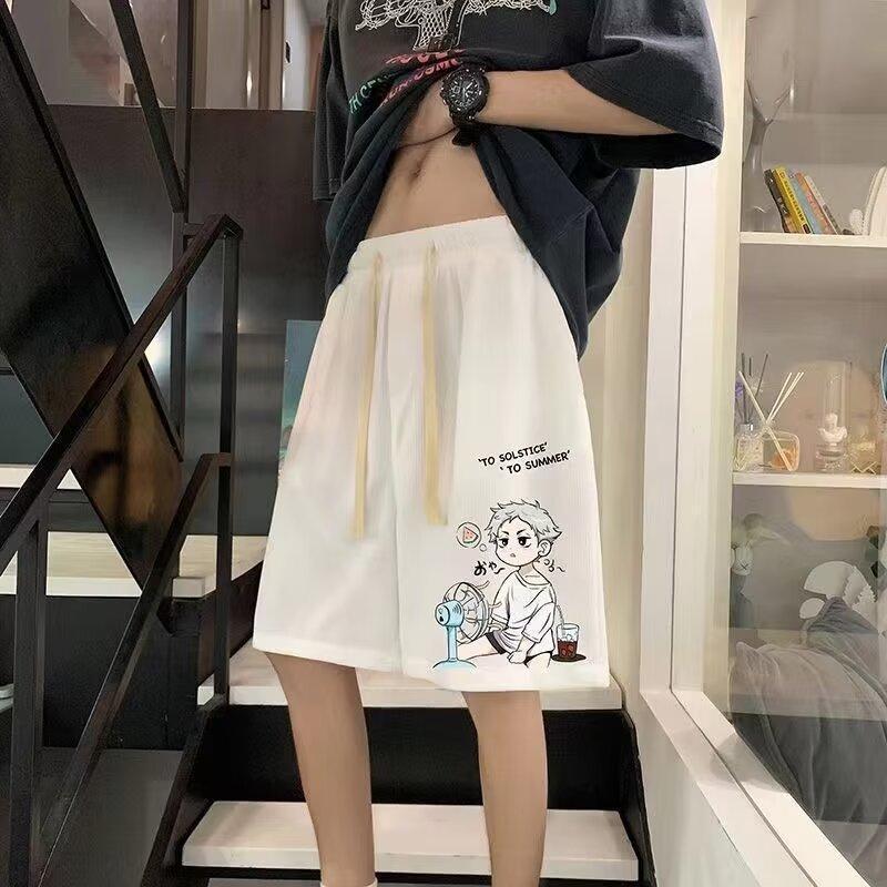 Anime Print Short-sleeved Men's Design Sense plus size oversize Waffleted Casual Pants Summer Sports Pants