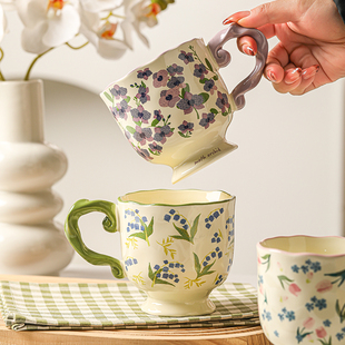 High Beauty Value Flower High Feet Ceramic Cup Household Drinking Water Cup Pastoral Vintage Couple Water Cup Office Coffee Cup