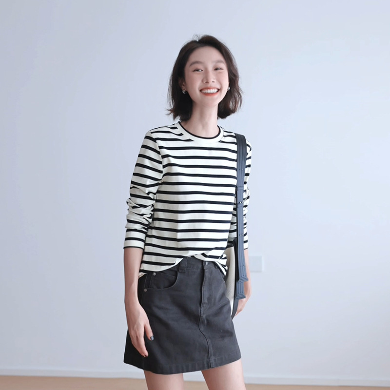 正肩纯棉针织条纹T恤女长袖圆领宽松休闲重磅色织百搭体恤衫上衣|undefined
